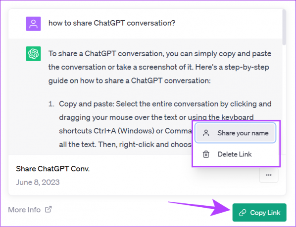 Wählen Sie aus, ob Sie den Namen über ChatGPT-Freigabelinks teilen möchten