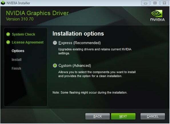 Selecione Custom durante a instalação da NVIDIA