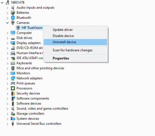 Ora, fai clic con il pulsante destro del mouse sul driver e seleziona Disinstalla dispositivo. Correggi la fotocamera in uso da un'altra app in Windows 10