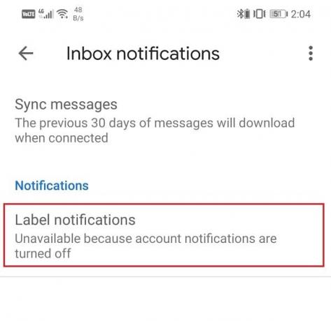 Atingeți opțiunea Notificări de etichetă | Remediați aplicația Gmail nu se sincronizează pe Android