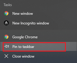 Start Chrome en klik in de Windows-taakbalk met de rechtermuisknop op Chrome en selecteer vervolgens Vastmaken aan taakbalk 