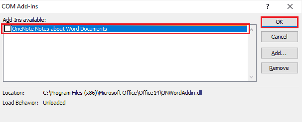 Schakel Add-ins uit en selecteer OK. Fix Outlook is een fout tegengekomen die verhindert dat het correct werkt