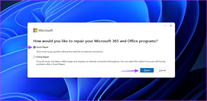 אפשרות תיקון מהיר של MS Office. 