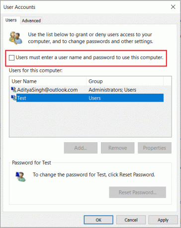 Зніміть прапорець Користувачі повинні ввести ім’я користувача та пароль, щоб використовувати цей комп’ютер