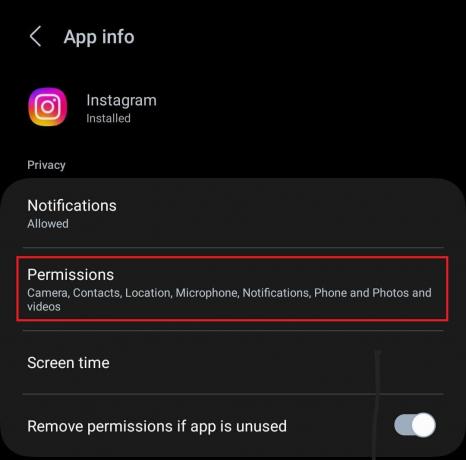 Klepnite na Instagram a potom na položku Povolenia. | Instagram neposiela SMS kód