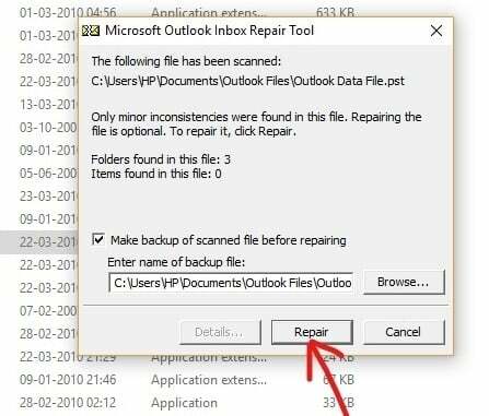 Nachdem die .PST-Datei gescannt wurde, klicken Sie auf die Schaltfläche Reparieren | Beschädigte Outlook-.ost- und .pst-Datendateien reparieren