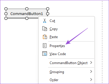 botão de comando de propriedades excel