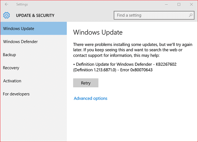 Fiks Windows Update-feil 0x80070643