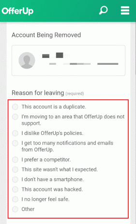 Izberite želeni razlog za deaktivacijo OfferUp računa | Kako deaktivirati račun OfferUp 