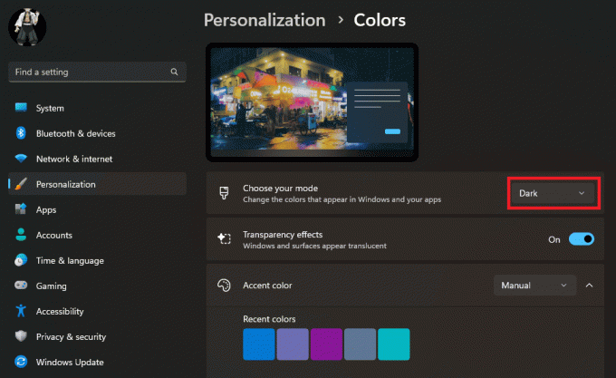 Kliknite Izberite svoj način in v spustnem meniju izberite Temno. | Temni način v sistemu Windows 11