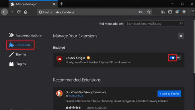 Preklopite na razdelek Razširitve in onemogočite Adblock s klikom na preklopno stikalo omogoči-onemogoči