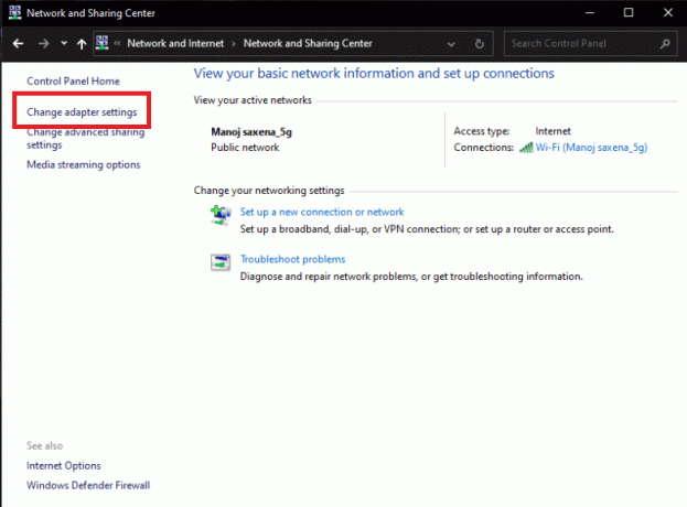 izberite možnost Spremeni nastavitve adapterja. Popravite, da se zasebni dostop do interneta ne bo povezal v sistemu Windows 10