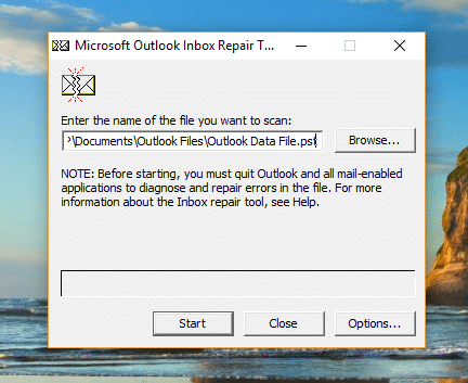 Die ausgewählte Datei wird im Microsoft Outlook-Tool zum Reparieren des Posteingangs geöffnet