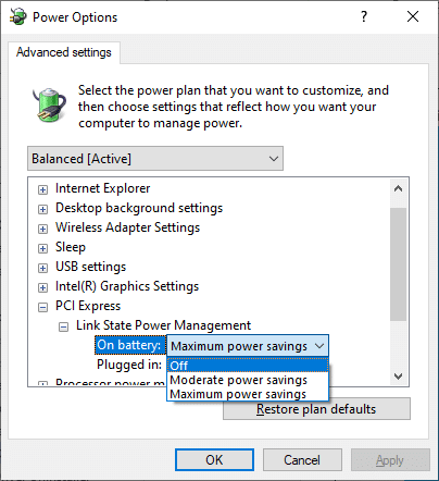 Faceți clic pe On battery și modificați setarea la Off din lista derulantă. Remediați eroarea Windows Update Download 0x800f0984 2H1