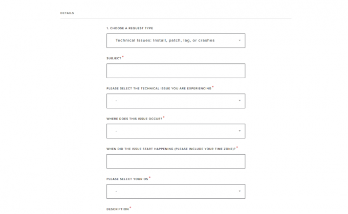 página de suporte valorant enviar um formulário de solicitação