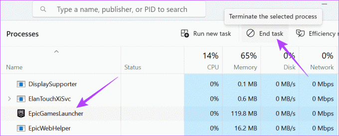 Elija Epic Games Launcher y luego seleccione Finalizar tarea en la parte superior