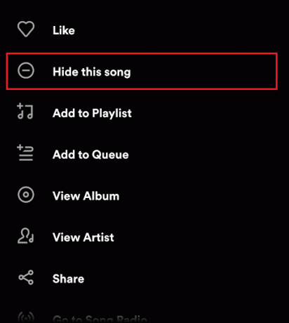 tryk på Skjul denne sang fra menuen. | Sådan viser du sange på Spotify Mobile