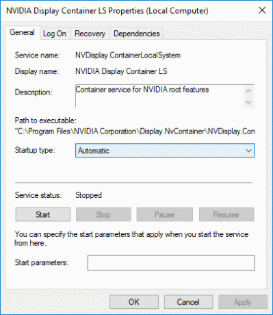 NVIDIA Display Container LS nolaižamajā izvēlnē Startēšanas veids atlasiet Automātiski