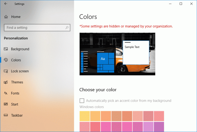 Nekim postavkama upravlja vaša organizacija u prozoru u boji pod personalizacijom