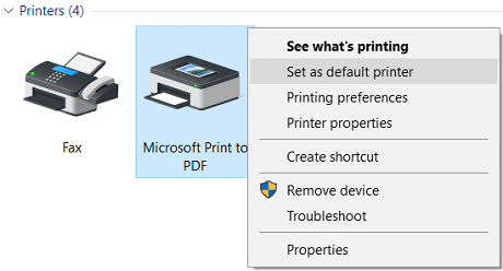 Microsoft Print to PDF를 마우스 오른쪽 버튼으로 클릭한 다음 기본 프린터로 설정을 선택합니다.
