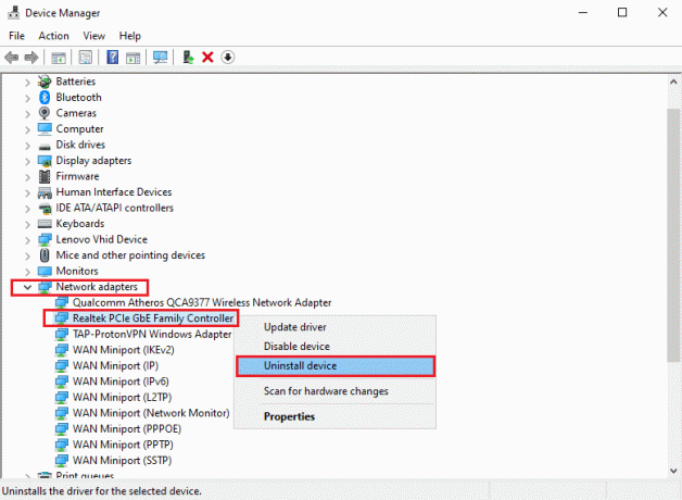 คลิกขวาที่คอนโทรลเลอร์ Realtek PCIe Family Ethernet และเลือกถอนการติดตั้งจากเมนู