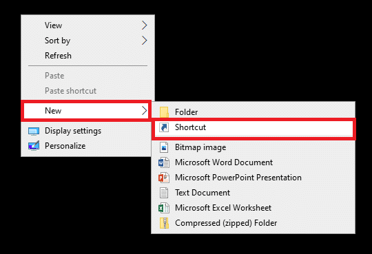 Klicka på Ny och välj Genväg Fix Kommandotolken visas och försvinner sedan i Windows 10