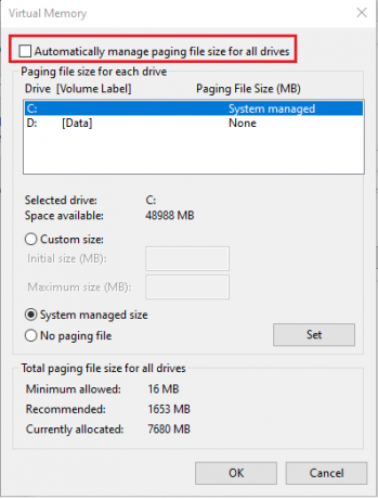 [すべてのドライブのページングファイルサイズを自動的に管理する]オプションをオンにします。 Windows10でWSAPPXの高ディスク使用量を修正する方法