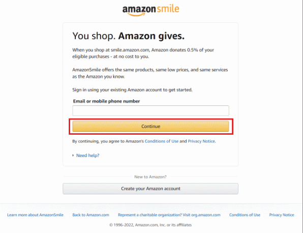 Introduceți e-mailul sau numărul de telefon înregistrat pe Amazon și faceți clic pe Continuare.