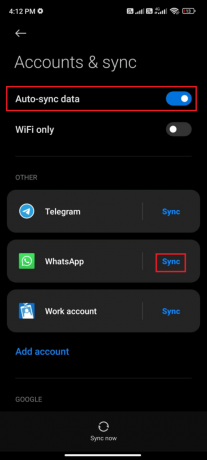 toque la opción Sincronizar junto a WhatsApp 