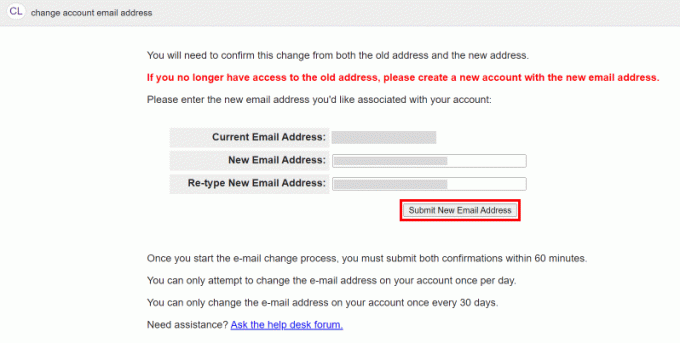 Ievadiet un atkārtoti ievadiet savu jauno e-pasta adresi un noklikšķiniet uz pogas Iesniegt jaunu e-pasta adresi