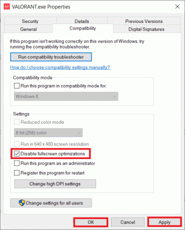 vaya a la pestaña Compatibilidad y active la casilla de verificación Desactivar optimización de pantalla completa en la sección Configuración. Ahora, haga clic en Aplicar y luego en Aceptar 