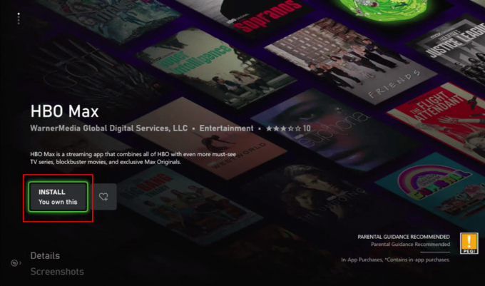 Velg og klikk på Installer-knappen for å laste ned HBO Max-appen på Xbox-konsollen. 