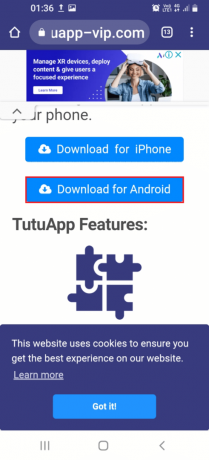Ανοίξτε τον επίσημο ιστότοπο του Tutuapp και πατήστε το κουμπί Λήψη για Android
