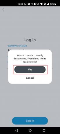 Tippen Sie im Popup-Fenster auf Ja, um Ihr Konto zu reaktivieren | Löscht Snapchat inaktive Konten? | ein dauerhaft gesperrtes Snapchat-Konto wiederherstellen