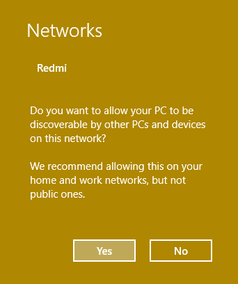 Klicken Sie auf Ja, um dieses Netzwerk zu einem privaten Netzwerk zu machen