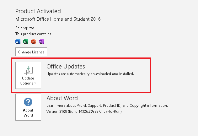 klik op Update-opties naast Office-updates. Herstel Office Update-fout 30088 26 op Windows 10