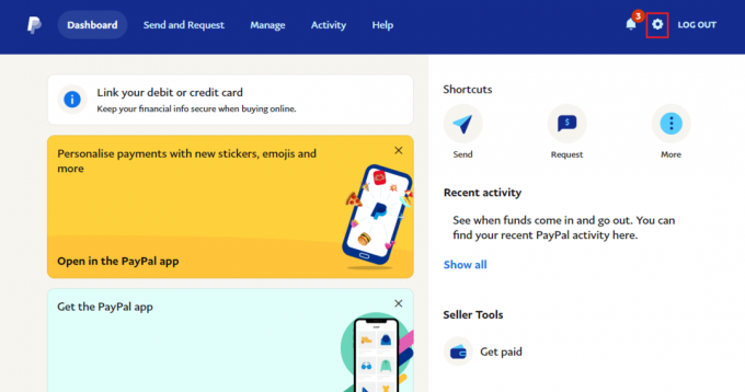 Faceți clic pe pictograma Setări roată. Cum să remediați eroarea de vizualizare a tranzacțiilor PayPal