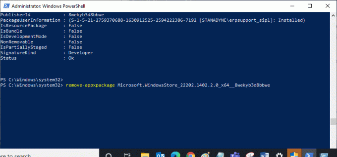 Gå nå til en ny linje i PowerShell-vinduet og skriv remove appxpackage etterfulgt av et mellomrom og linjen du har kopiert i før-trinn. Løs Microsoft Store som ikke fungerer Windows 10