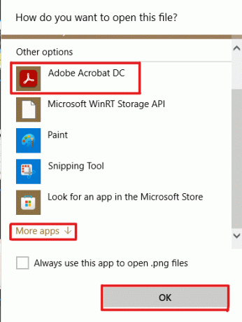 Der vises en popup med en liste over installerede apps i systemet. Find og vælg Adobe Acrobat DC, og klik på OK. Du kan klikke på Flere apps for at udvide listen over apps yderligere, hvis du ikke fandt Adobe Acrobat tidligere.