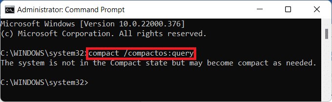 Command Prompt ბრძანება Compact OS-ის სტატუსის გასაგებად