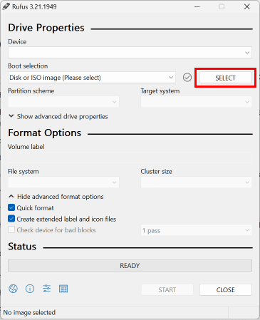 Натисніть кнопку «Вибрати» та виберіть завантажений файл ISO Windows 10.