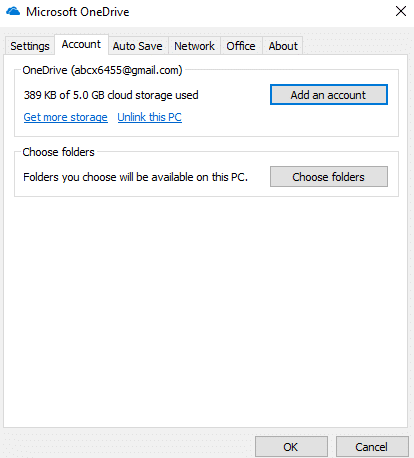 Klik op het tabblad Account om de beschikbare en gebruikte ruimte te zien | Hoe OneDrive te gebruiken op Windows 10