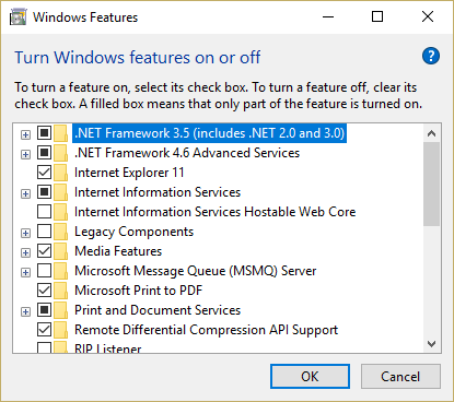 قم بتشغيل .net framework 3.5 (مضمنة .NET 2.0 و 3.0)