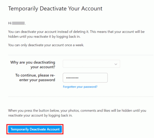 faceți clic pe opțiunea Dezactivare temporară a contului | Cum să raportezi boții pe Instagram