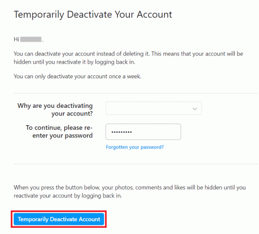 кликните на опцију Привремено деактивирај налог | Како пријавити ботове на Инстаграму