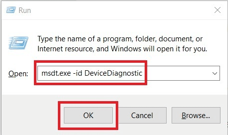 Vajutage Windowsi klahvi ja R. Riistvara ja seadmete tõrkeotsija avamiseks tippige käsk msdt.exe id DeviceDiagnostic ja vajutage sisestusklahvi