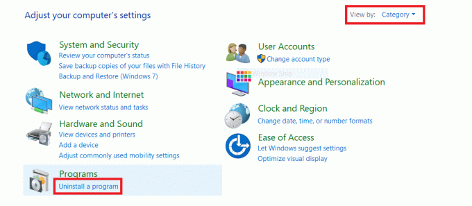 Configure Ver por como categoría y haga clic en Desinstalar un programa | RESULT_CODE_HUNG