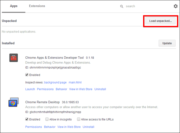 Carga de la herramienta para desarrolladores de Chrome Apps Extensions