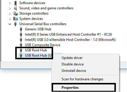 Högerklicka på varje USB Root Hub och navigera till Egenskaper