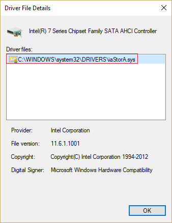 ตรวจสอบว่า iaStorA.sys เป็นไดรเวอร์ที่อยู่ในรายการ และคลิกตกลง